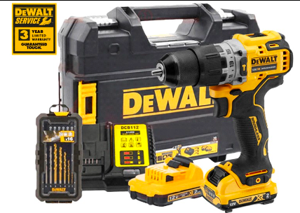 DEWALT 12V MAX Brushless 10mm 58Nm Cordless Hammer Drill Kit, 2*2.0Ah Battery, Charger, Accessories