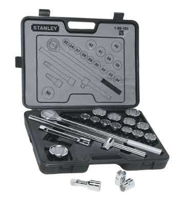 STANLEY 19 PCS. ENGLISH SOCKET SET; 15 PCS 12 PTS. SOCKETS, 3/4" DR. 7/8 - 2"